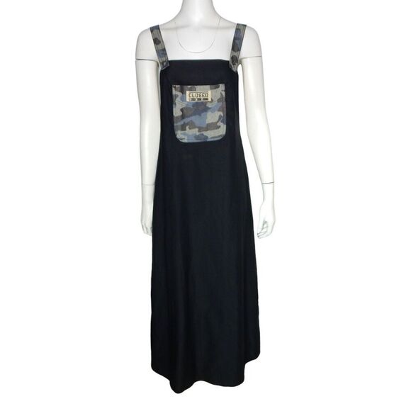Marithe Francois Girbaud Maxi A-Line Black Overall Dress Patches Size 34 2 XS - Picture 1 of 8